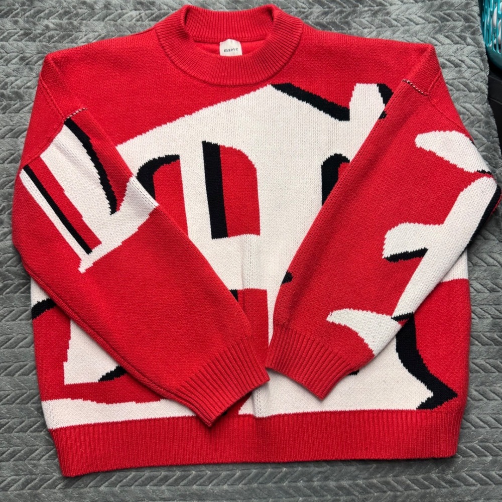 Maeve Oversized Graphic Intarsia Sweater XL Red Excellent Cotton Blend (1902)